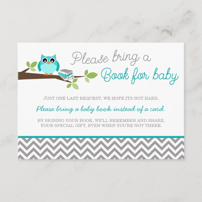 Carte D'accompagnement Livre de Baby shower turquoise Blue Owl Grey Chevr (Devant)