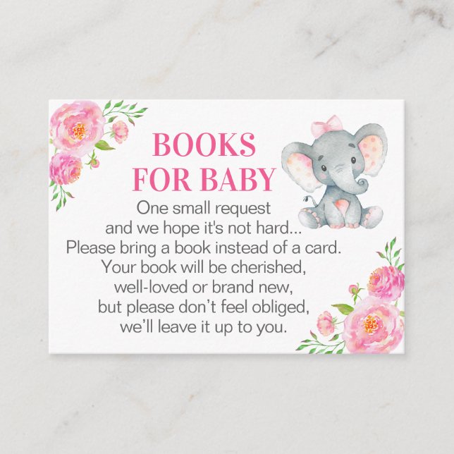 Carte D'accompagnement Livre rose éléphant pour Baby Book Demande Card (Devant)