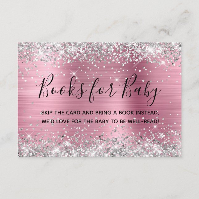 Carte D'accompagnement Livres à huile rose Parties scintillant argent pou (Devant)