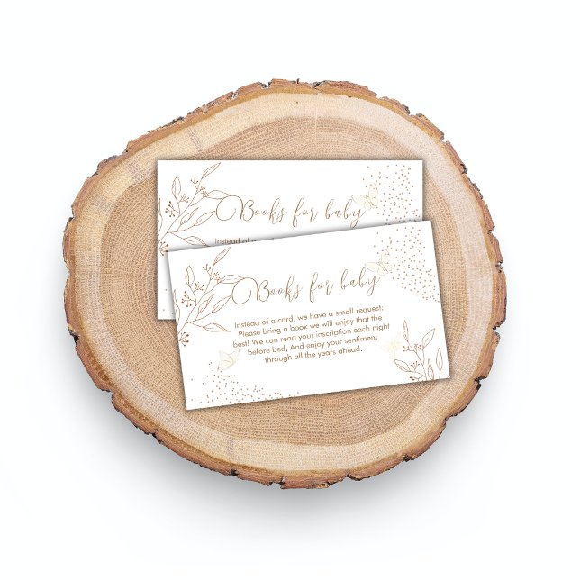 Carte D'accompagnement Livres À Papillons Feuille D'Or Moderne Pour Le Ba (Modern Gold Leaves Butterfly Books For Baby Shower Enclosure Card)