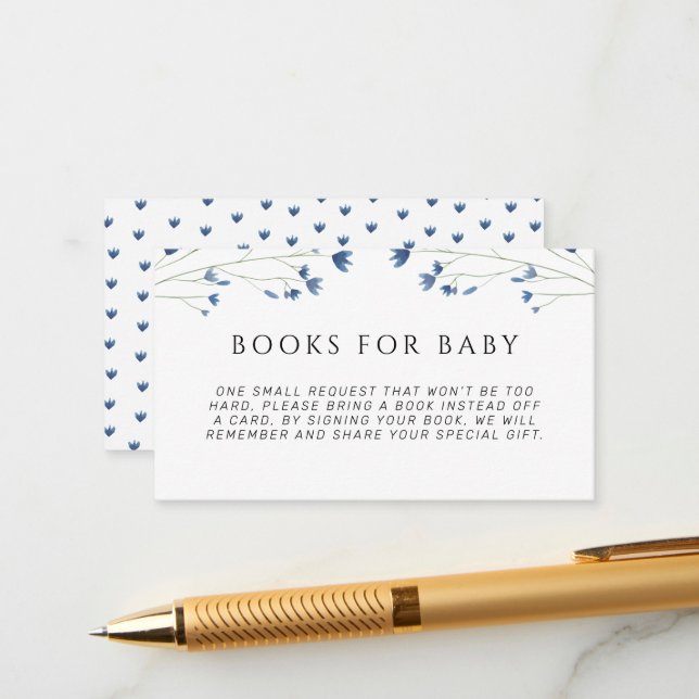 Carte D'accompagnement Livres Baby shower Fleur sauvage Bleu Pour Bébé (Devant/Arrière en situation)