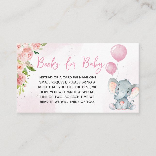 Carte D'accompagnement Livres de Baby shower Blush Pink Elephant pour béb (Devant)