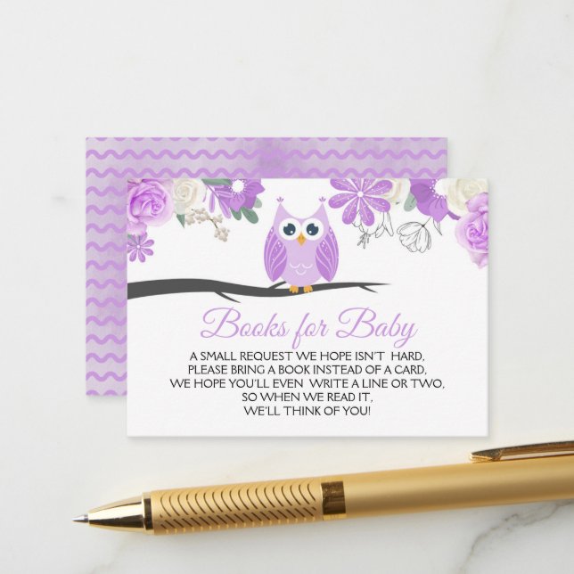 Carte D'accompagnement Livres de Baby shower Floral de Chouette pourpre p (Devant/Arrière en situation)