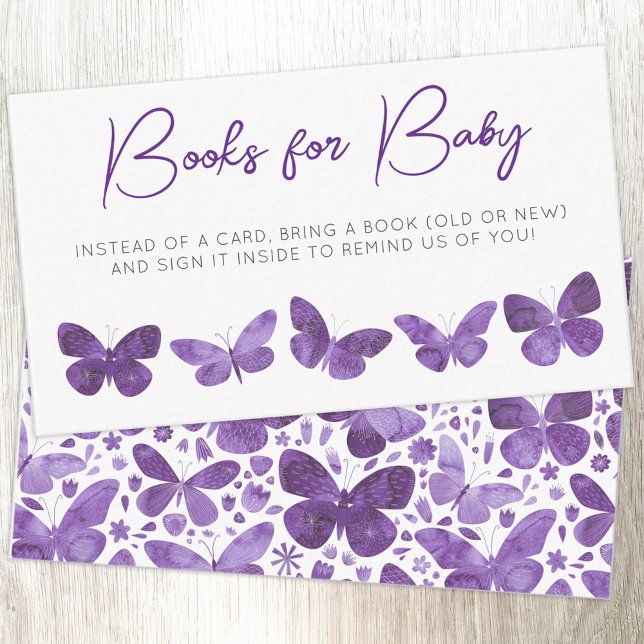 Carte D'accompagnement Livres de Baby shower papillon pour bébé (Modern watercolor butterfly purple baby shower Books for Baby request enclosure card)