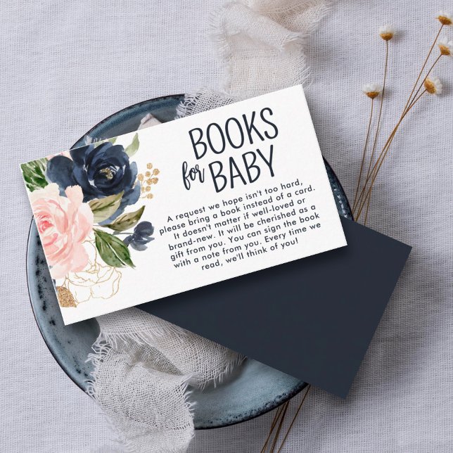 Carte D'accompagnement Livres de baby shower pour bébé Marine rose floral (A unique baby shower idea is for the host to request books instead of cards with baby gifts.)