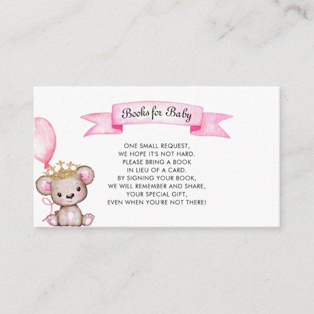 Carte D'accompagnement Livres de Baby shower pour bébé rose ours (Devant)