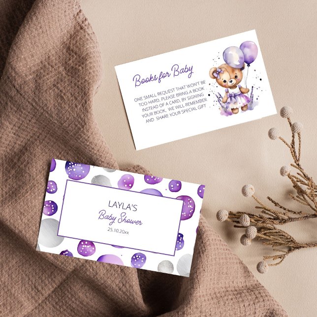 Carte D'accompagnement Livres de baby shower pourpre pour bébé (Beary cute teddy bear purple baby shower books for baby enclosure card cute girl teddy bear balloons)