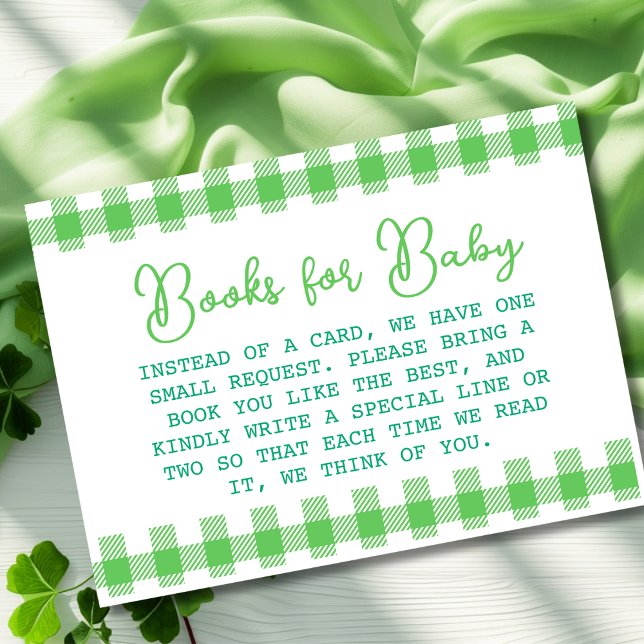 Carte D'accompagnement Livres En vichy verts pour bébé (Books for Baby enclosurer card for Baby showers or gender reveals.)