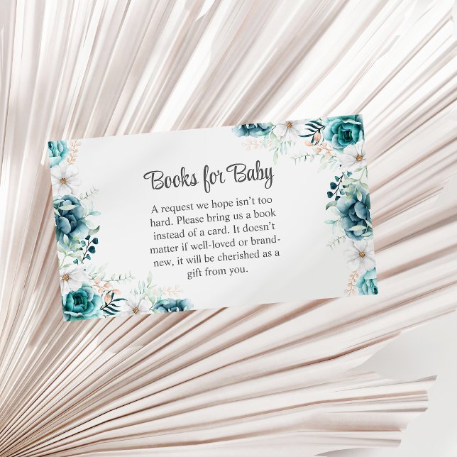 Carte D'accompagnement Livres Fleur sauvage turquoises et non blancs pour (Teal and Off-White Wildflowers Books for Baby Enclosure Card on a sunny white dry palm leaf.)