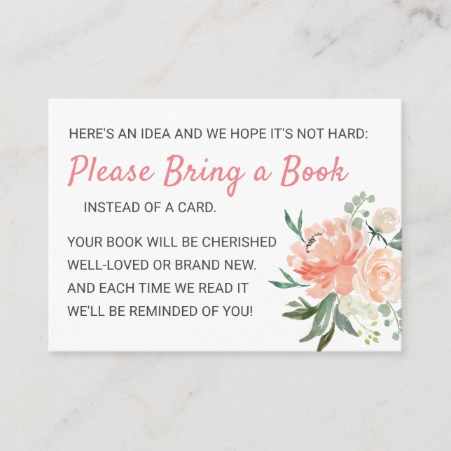Carte D'accompagnement Livres Floral Peach Peony pour Baby Request Douche (Devant)