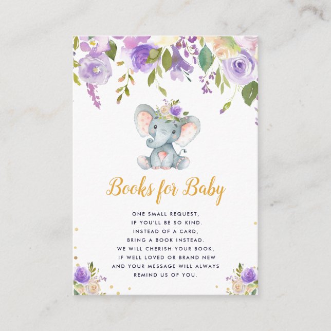 Carte D'accompagnement livres floraux pourpre pour bébé éléphant pour car (Devant)