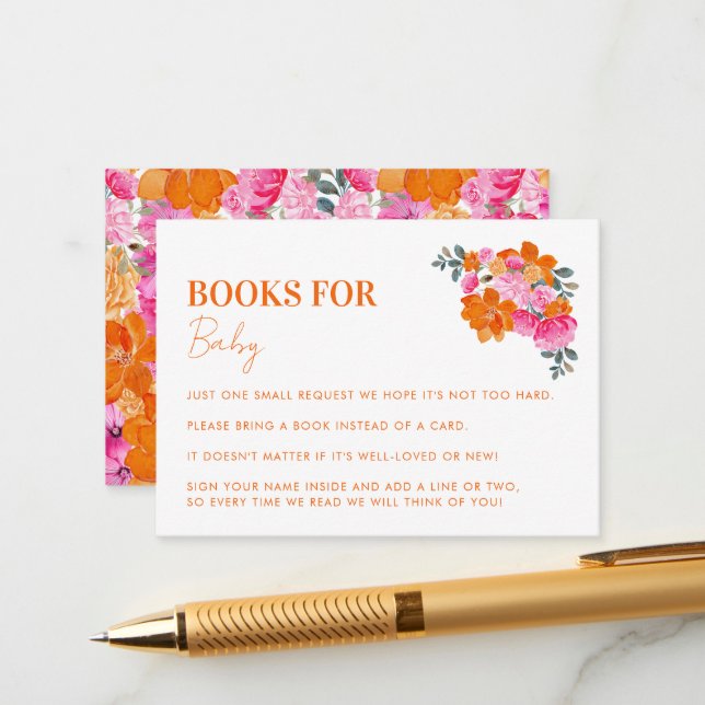 Carte D'accompagnement Livres Floraux Rose Orange Pour Baby shower Fille  (Devant/Arrière en situation)