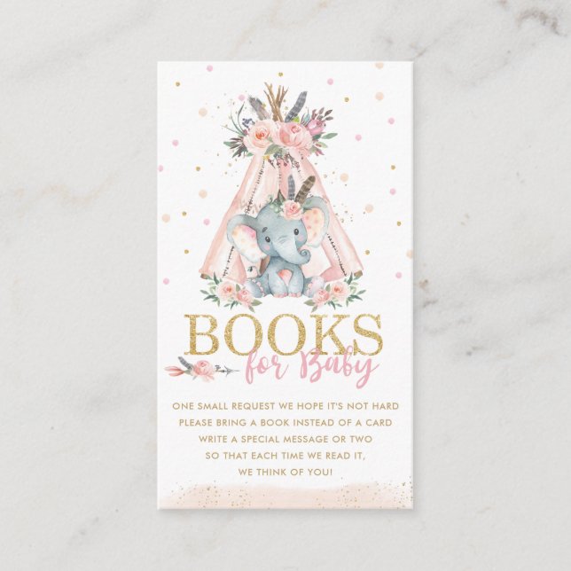 Carte D'accompagnement Livres floraux roses d'éléphants tribaux pour bébé (Devant)