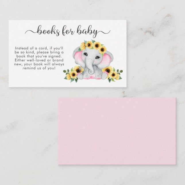 Carte D'accompagnement Livres Pink Elephant Sunflowers Pour Baby shower (Devant / Derrière)
