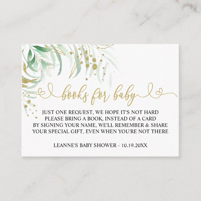 Carte D'accompagnement Livres pour Baby Greenery Baby shower vert et or (Devant)