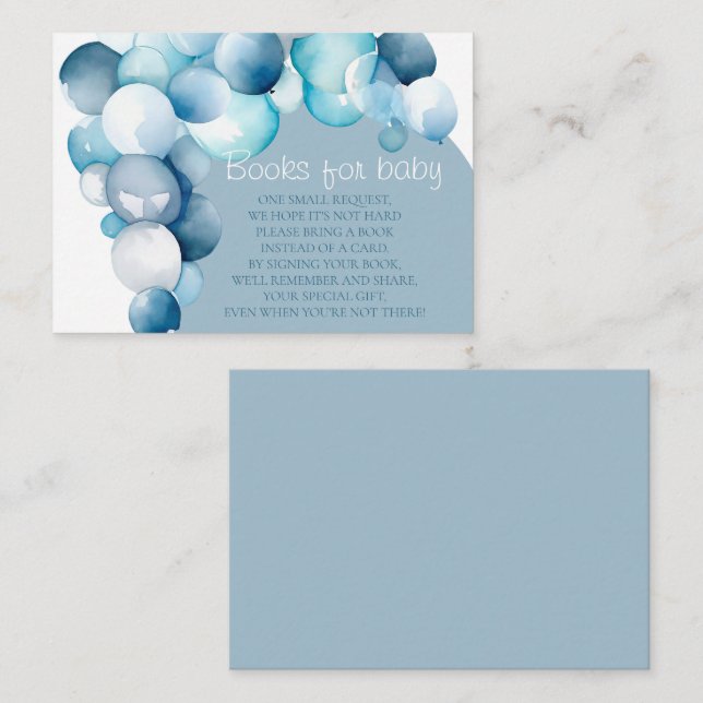 Carte D'accompagnement Livres pour baby shower d'arche de ballons bleu bé (Devant / Derrière)