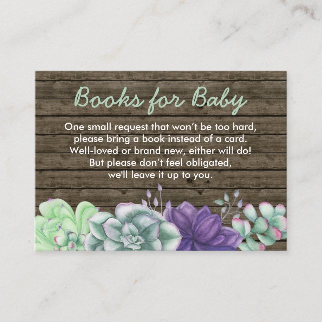 Carte D'accompagnement Livres pour bébé Baby shower de succulents rustiqu (Devant)