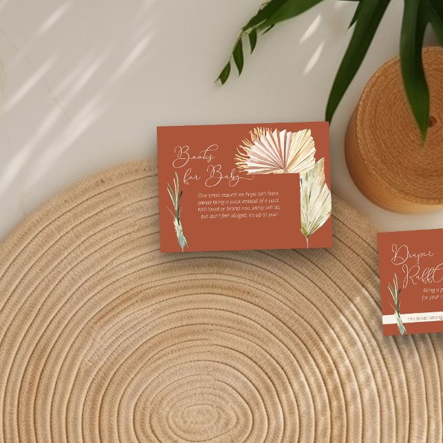 Carte D'accompagnement Livres pour bébé Boho Foliage Baby shower en terre (Books for Baby enclosure card in terracotta with boho palm leaves)