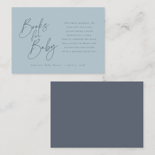Carte D'accompagnement Livres pour bébé | Élégant Script Dusty Blue (Devant / Derrière)