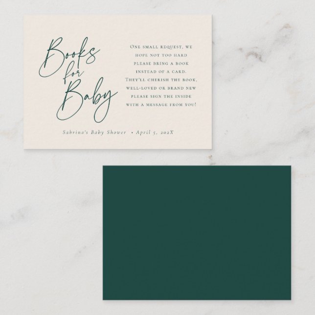 Carte D'accompagnement Livres pour bébé | Élégant Script Emerald Green (Devant / Derrière)