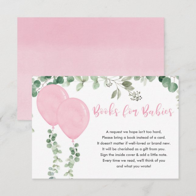 Carte D'accompagnement Livres pour bébé fille jumeaux ballons roses eucal (Devant / Derrière)