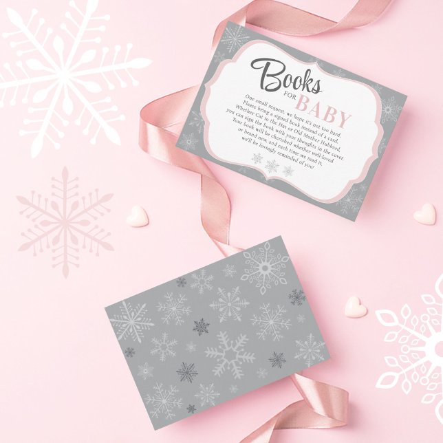Carte D'accompagnement Livres pour bébé fille rose et gris Flocon de neig (Baby It's Cold Outside, Snow Excited, Snowflake Winter Pink Gray Baby Girl Shower Books card)
