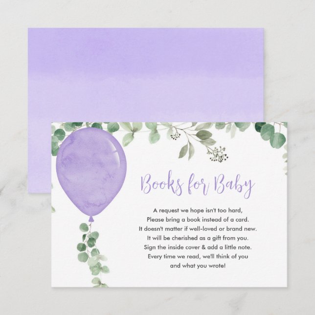 Carte D'accompagnement Livres pour bébé fille violet ballon eucalyptus (Devant / Derrière)