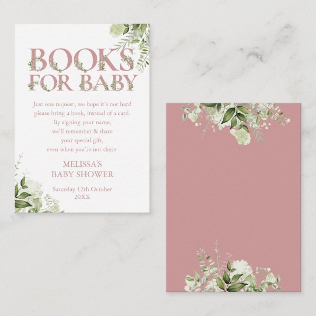 Carte D'accompagnement Livres Pour Bébé Livre Demander Baby shower Rose (Devant / Derrière)