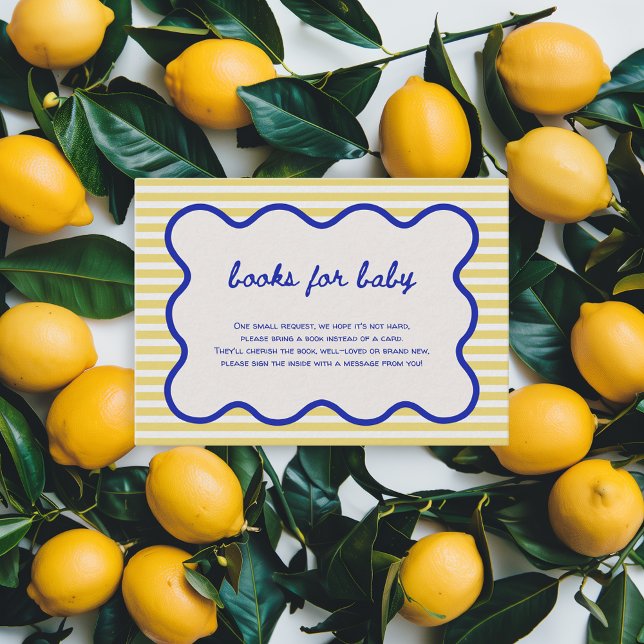 Carte D'accompagnement Livres pour bébé main dessinée bleu & jaune italie (books for baby ciao baby italian baby shower theme lemon citrus stripes hand drawn)