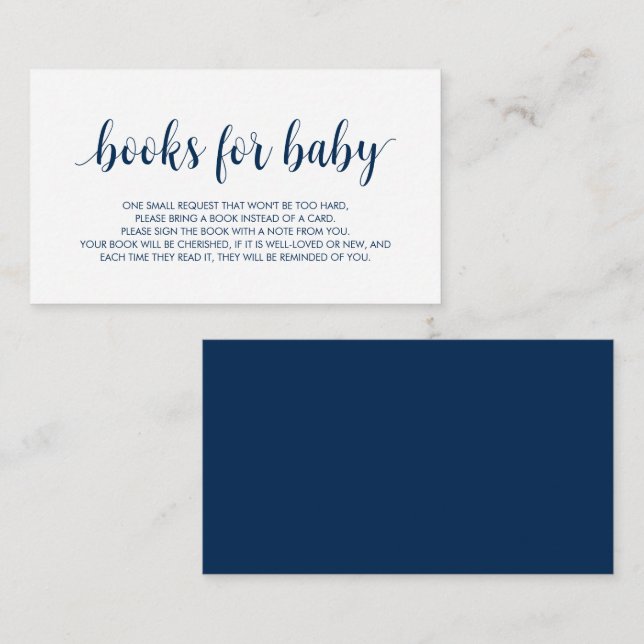 Carte D'accompagnement Livres pour bébé, Modern Cute Navy Bleu Script (Devant / Derrière)
