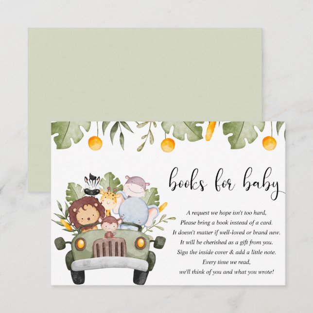 Carte D'accompagnement Livres pour bébé safari baby shower animaux jungle (Devant / Derrière)