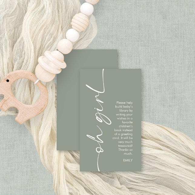 Carte D'accompagnement Livres verts sauge Oh Girl pour Baby Shower (Small books for baby enclosure card, front and back view)