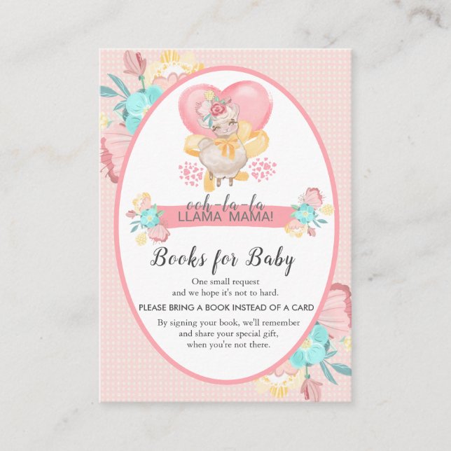 Carte D'accompagnement Llama Baby shower rose Floral Apportez un livre (Devant)