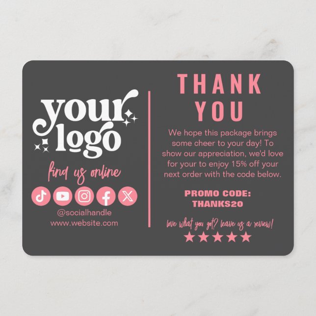 Carte D'accompagnement Logo modifiable Forfait de Merci gris rose rétro (Dos)