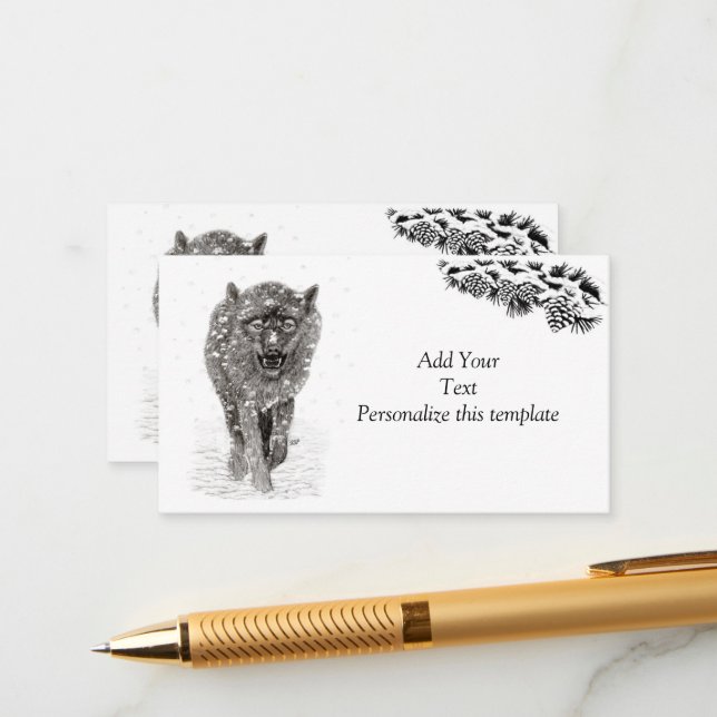 Carte D'accompagnement Loup noir en colère dans la neige, hiver sauvage (Devant/Arrière en situation)