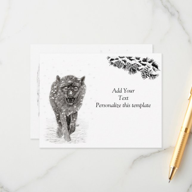Carte D'accompagnement Loup noir en colère dans la neige, hiver sauvage (Devant/Arrière en situation)