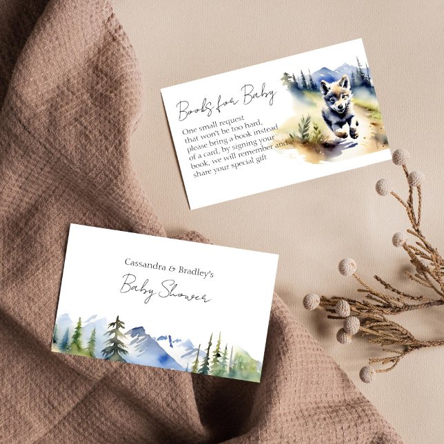 Carte D'accompagnement Loup sauvage aventure baby shower livres demande (Wolf themed baby shower books for baby request card watercolor cute wolf cub national parks theme)