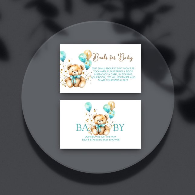 Carte D'accompagnement L'ours en peluche attend les livres de baby shower (Books for baby bearly wait teddy bear baby shower cute teddy bear with turquoise teal gold balloons)
