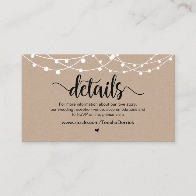 Carte D'accompagnement Lumières à chaîne de ferme rustique, détails Maria (Devant)