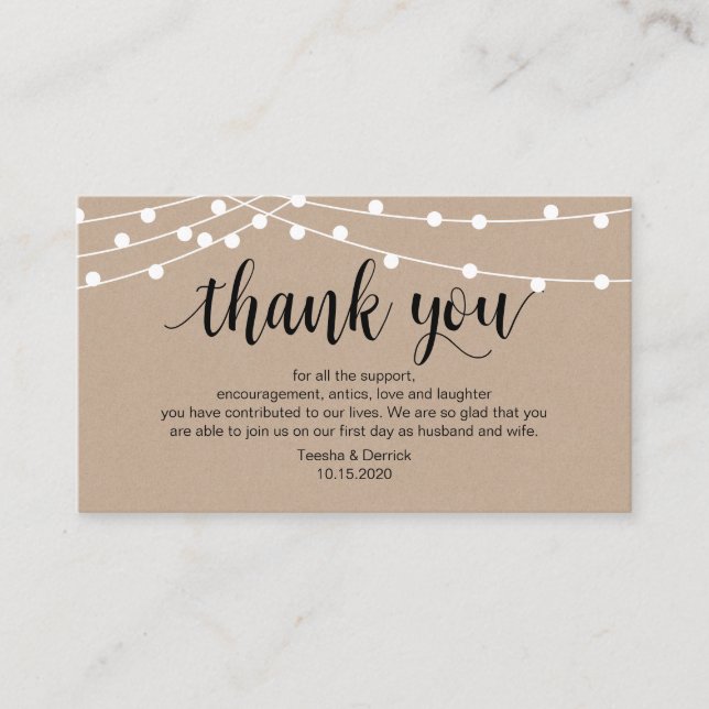 Carte D'accompagnement Lumières à cordes rustiques, Noir, Merci Mariage (Devant)