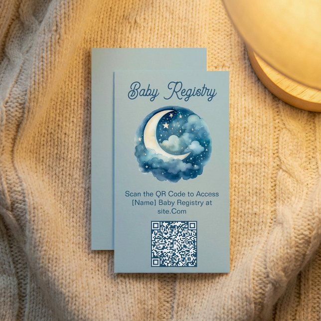 Carte D'accompagnement Lune bleue et étoiles baby shower QR Code Registre (Blue moon and stars baby shower QR Code Registry Enclosure Card.)