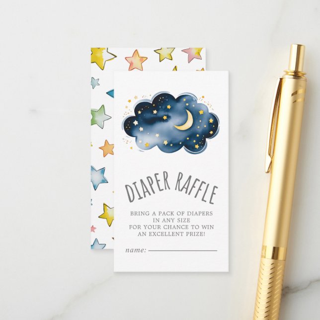 Carte D'accompagnement Lune et étoiles Baby Boy Diaper Raffle (Devant/Arrière en situation)