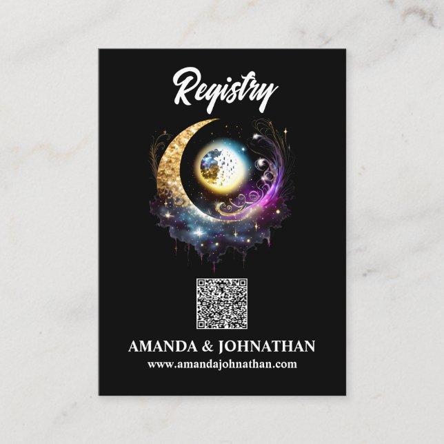 Carte D'accompagnement Lune étoiles noir magenta QR code registre chic (Devant)
