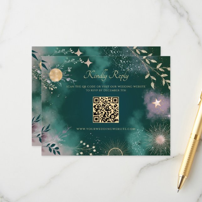 Carte D'accompagnement Lune magique céleste et étoiles Emerald QR Code RS (Devant/Arrière en situation)