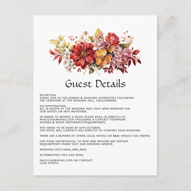 Carte D'accompagnement Luscious Red Floral Mariage Détails de l'invité (Devant)