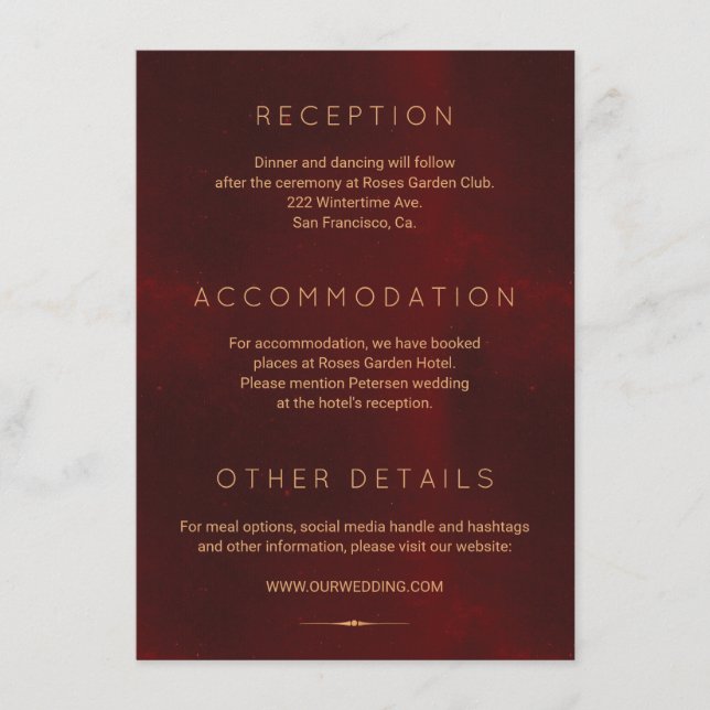 Carte D'accompagnement Luxe classique bordeaux or mariages détails (Devant)