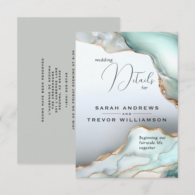 Carte D'accompagnement Luxe Opal Turquoise Or Liquide d'alcool Encre (Devant / Derrière)