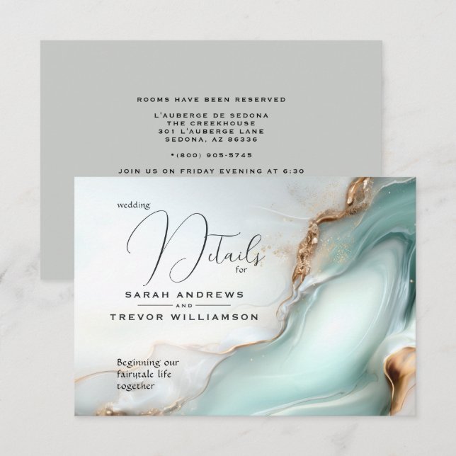 Carte D'accompagnement Luxe Opal Turquoise Or Liquide d'alcool Encre (Devant / Derrière)