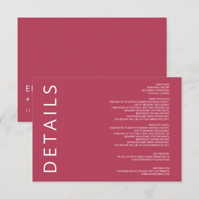 Carte D'accompagnement Magenta Elegant minimaliste moderne Mariage (Devant / Derrière)