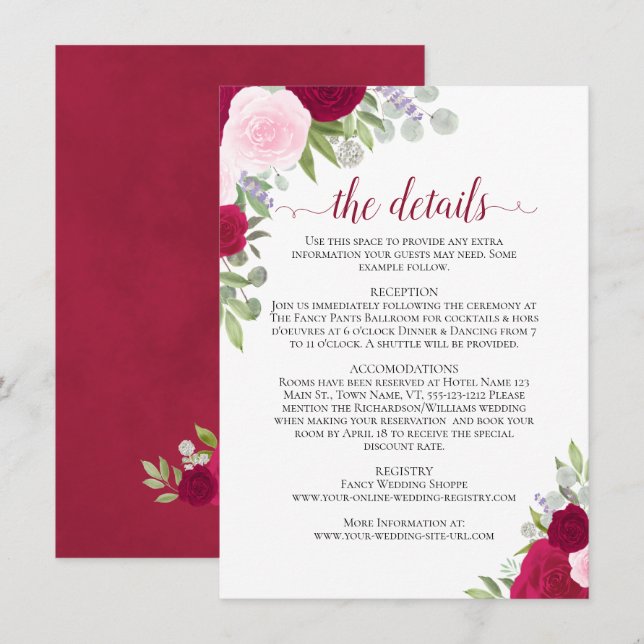 Carte D'accompagnement Magenta & Pink Boho Rose Rustique Détails du Maria (Devant / Derrière)
